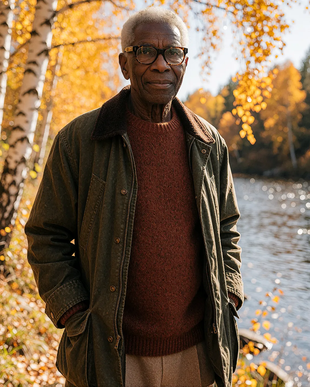 Earl Radcliffe steht gelassen zwischen goldenen Birken an einem herbstlichen See.