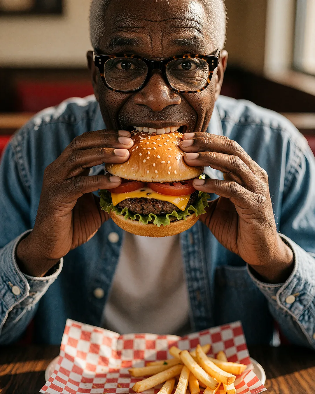 Earl Radcliffe beißt lachend in einen saftigen Cheeseburger mit Pommes im Diner.