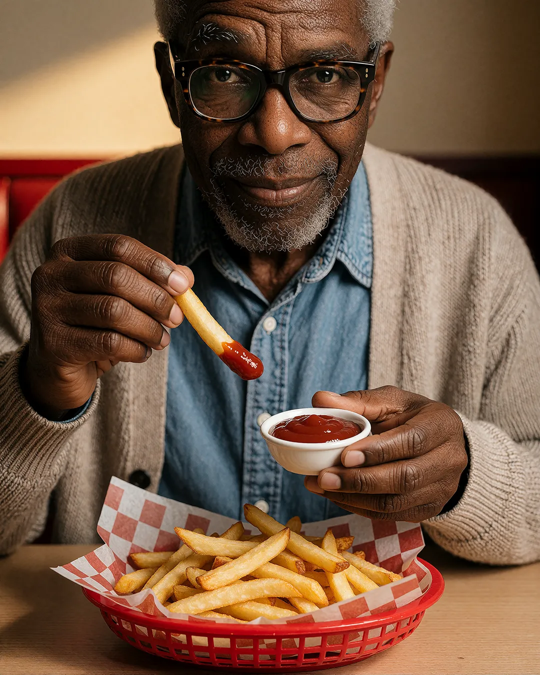 Earl Radcliffe tunkt genüsslich eine Pommes in Ketchup im gemütlichen Cardigan.