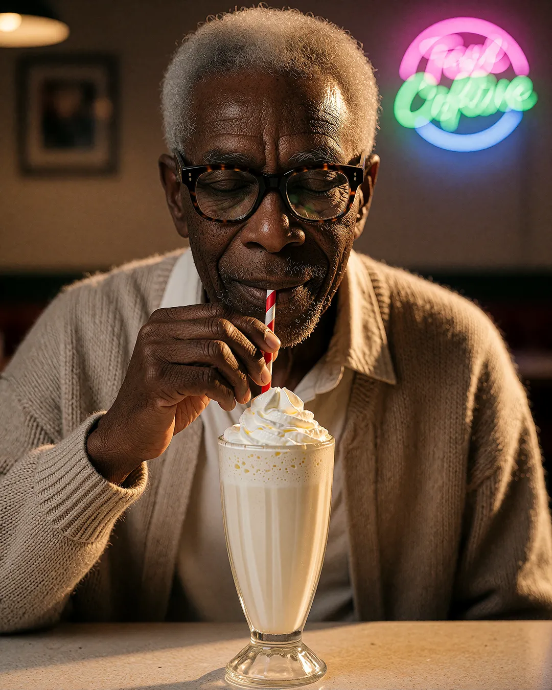 Earl Radcliffe schlürft einen cremigen Milchshake vor einem leuchtenden Neonschild im Diner.