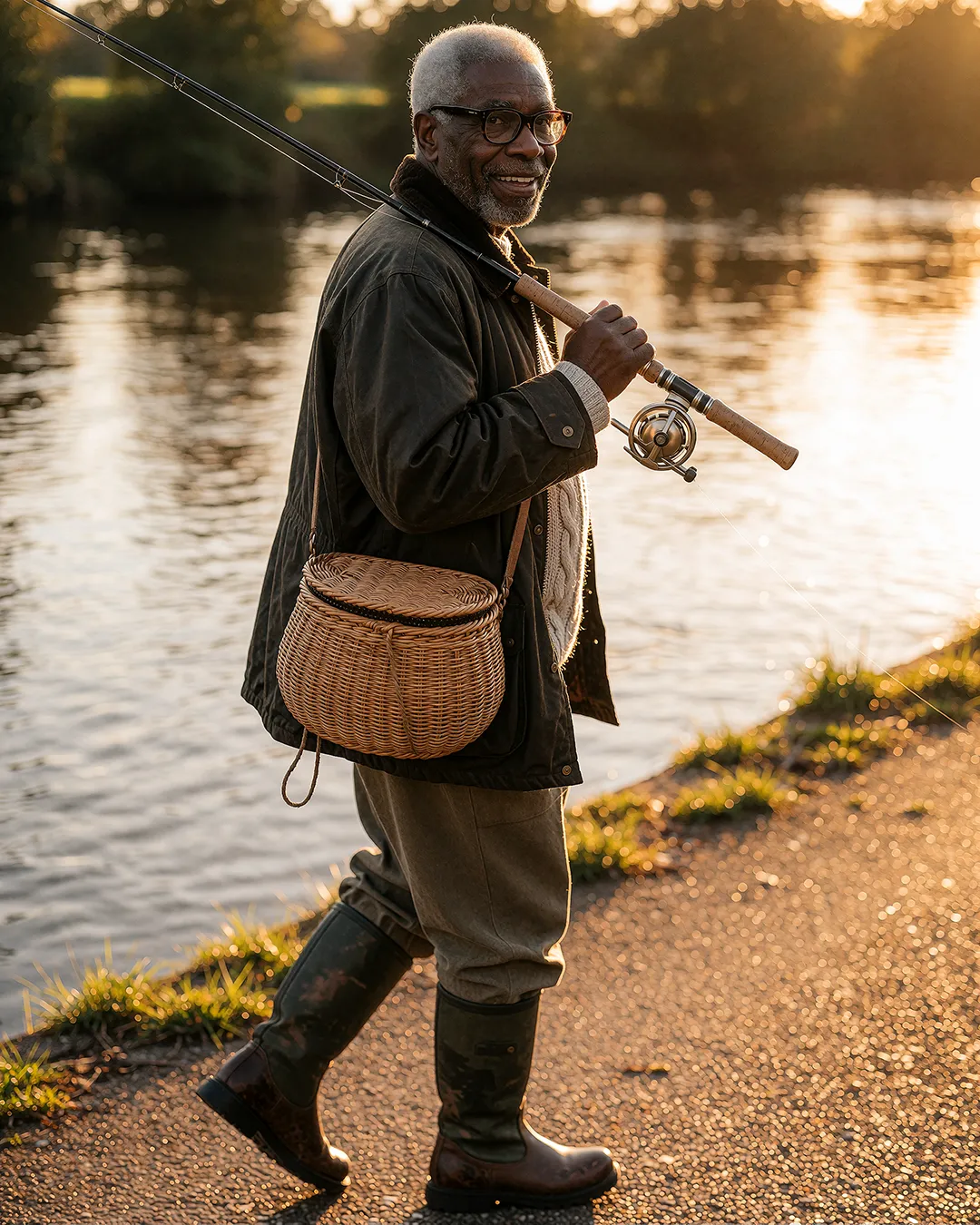 Earl Radcliffe geht mit Angelrute und Weidenkorb am Fluss entlang im goldenen Abendlicht.