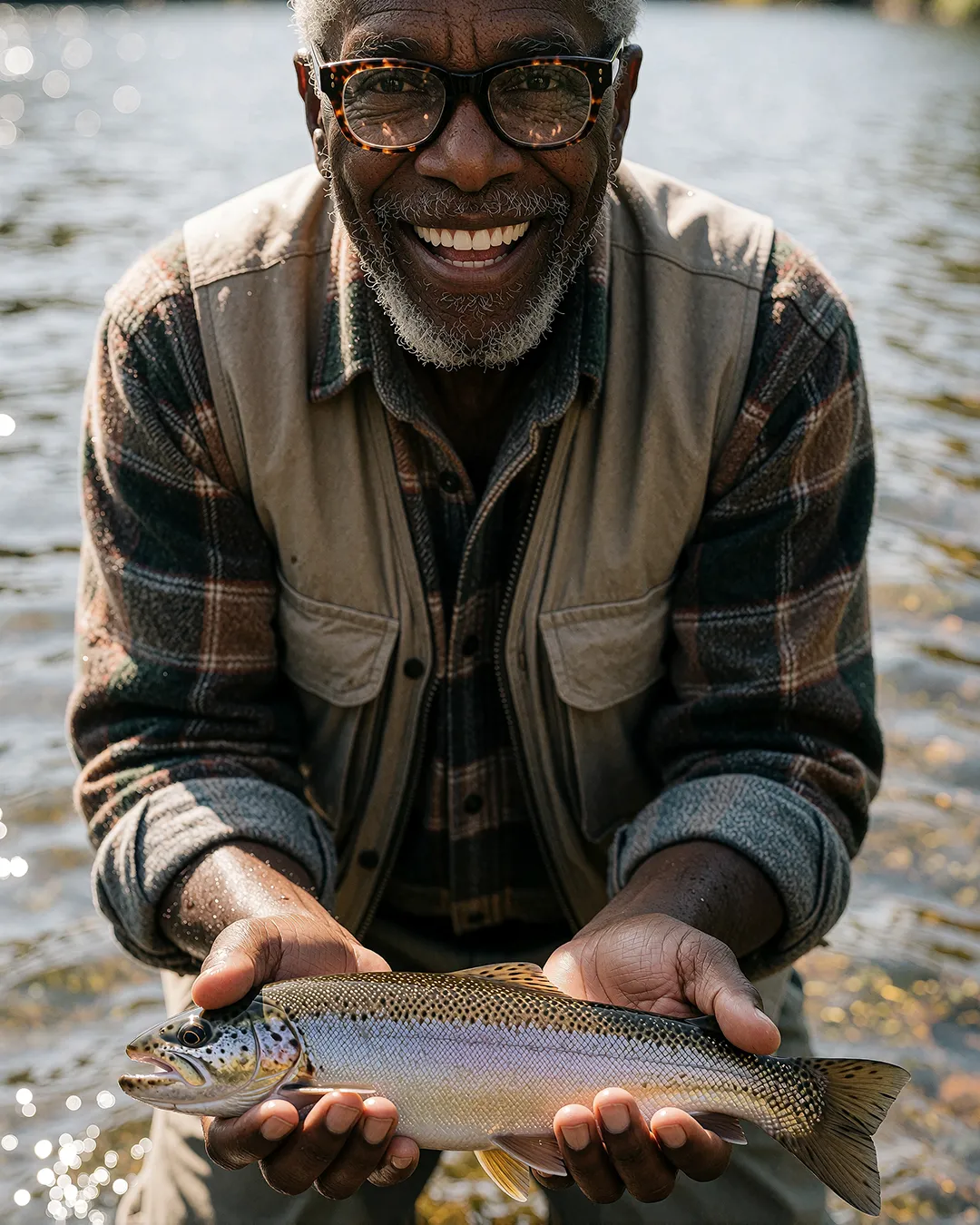 Earl Radcliffe hält lächelnd eine frisch gefangene Forelle mit beiden Händen am Wasser.