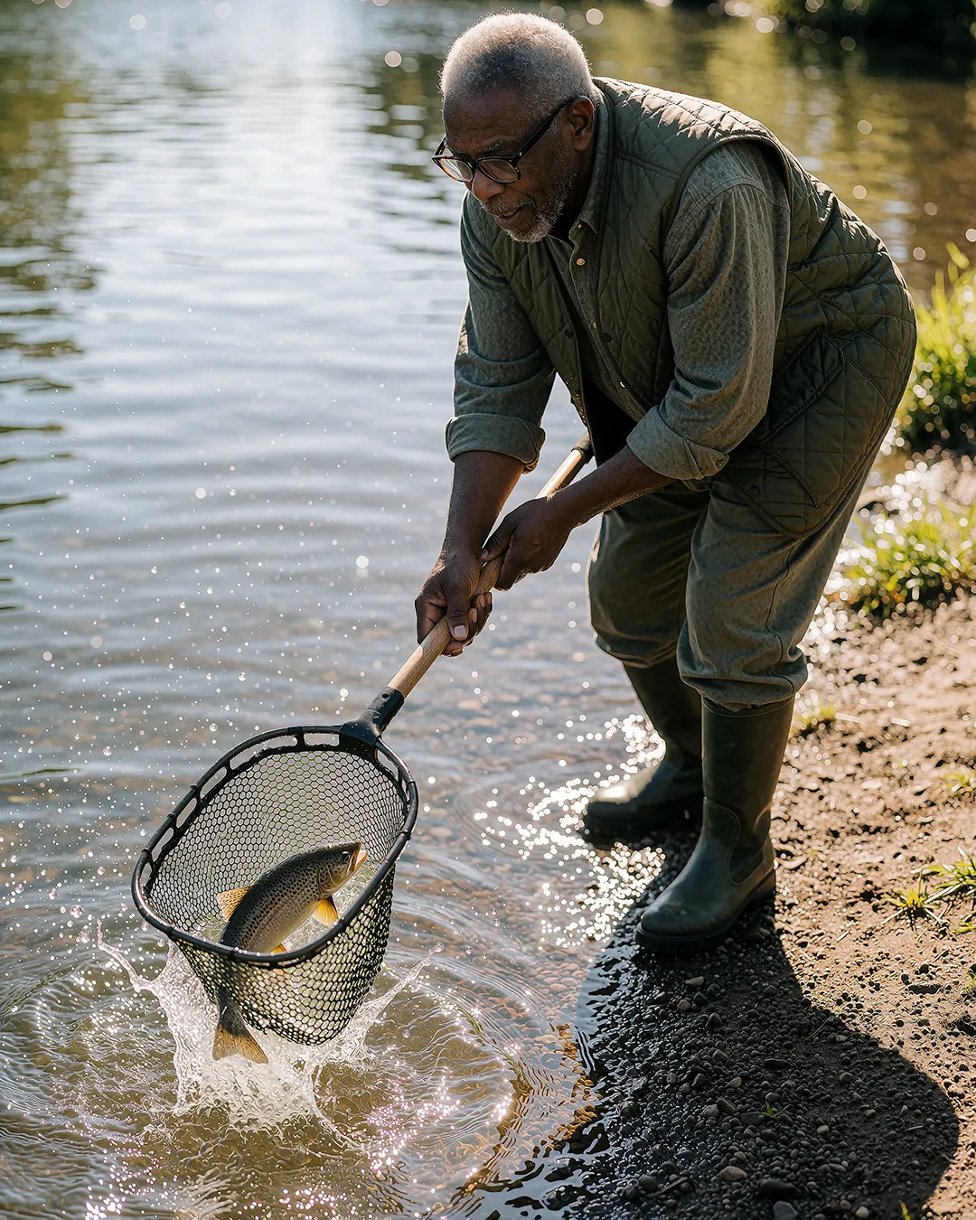 Earl Radcliffe keschert konzentriert einen Fisch am Flussufer in der Anglerweste.