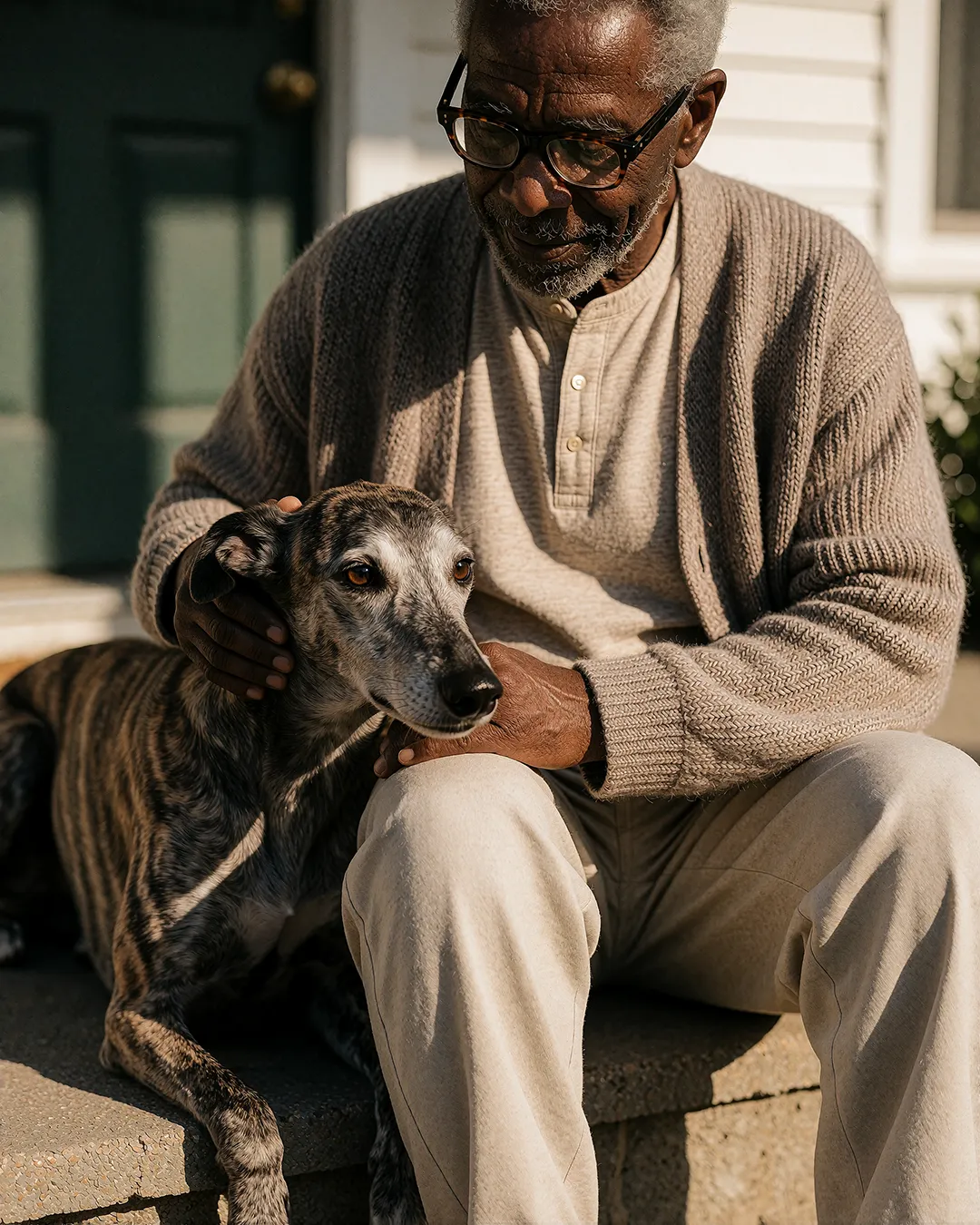 Earl Radcliffe streichelt liebevoll seinen Windhund auf der sonnigen Veranda.