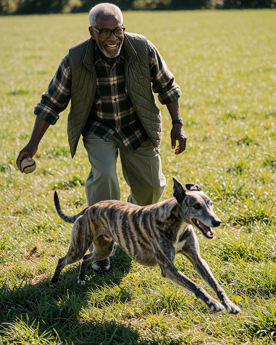 Earl Radcliffe spielt lachend mit Ball und seinem Windhund auf einer grünen Wiese.