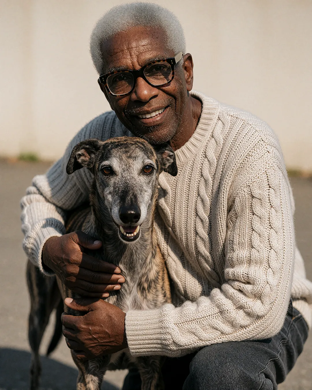 Earl Radcliffe umarmt lächelnd seinen Windhund im cremefarbenen Zopfmuster-Pullover.