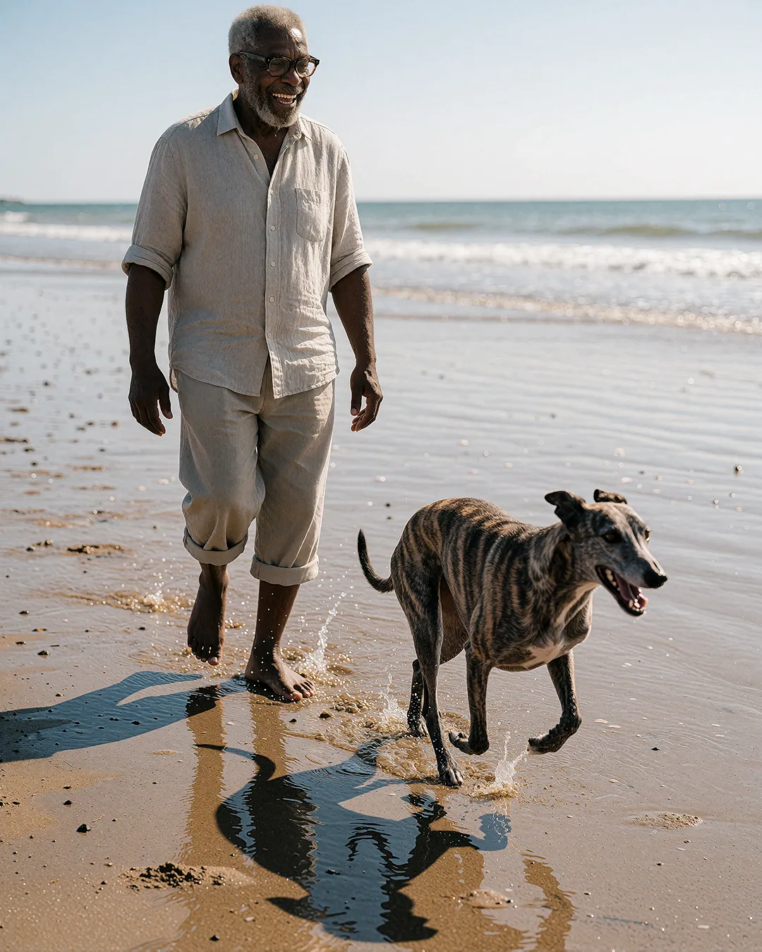 Earl Radcliffe geht barfuß lächelnd mit seinem Windhund am Sandstrand entlang.