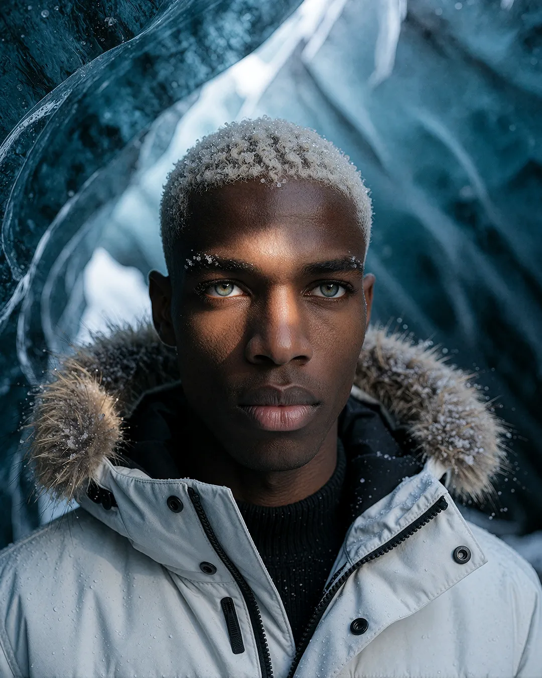 Jordan Reeve, KI Männer Model, in weißer Winterjacke mit Fellkapuze vor blauem Gletschereis