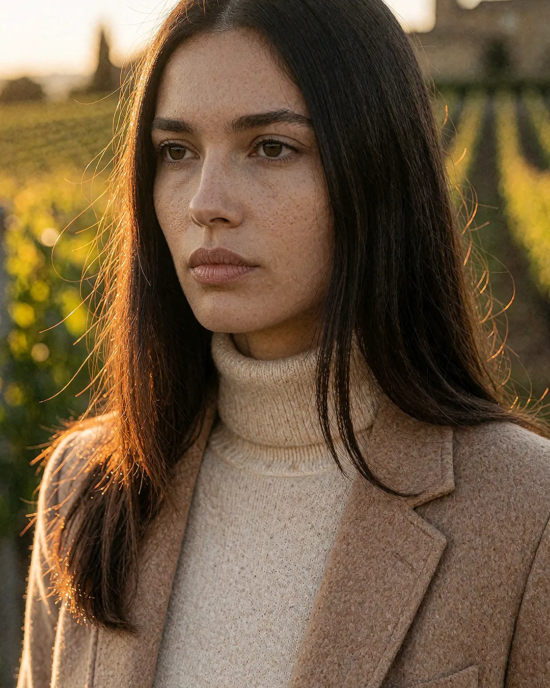 Giulia Ferrante im Porträt mit camelfarbenem Mantel vor einem Weinberg im goldenen Abendlicht.