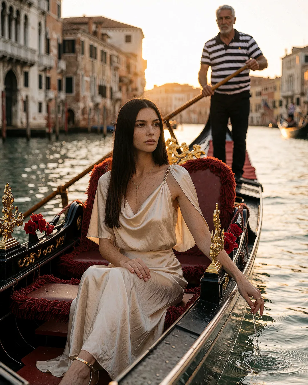 Giulia Ferrante sitzt im champagnerfarbenen Seidenkleid in einer Gondel auf dem Canal Grande.