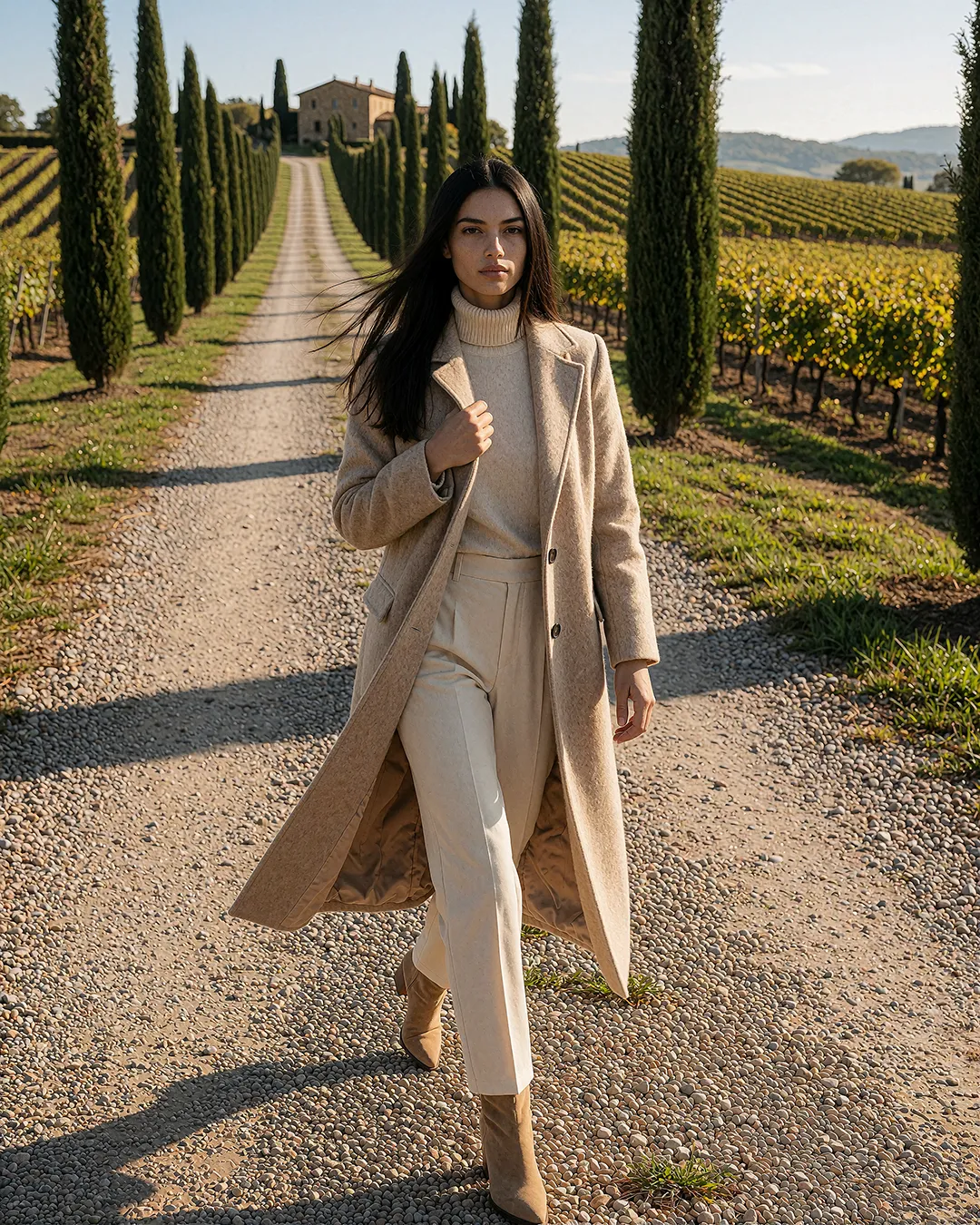 Giulia Ferrante geht im camelfarbenen Mantel durch eine Zypressenallee im Weingut der Toskana.