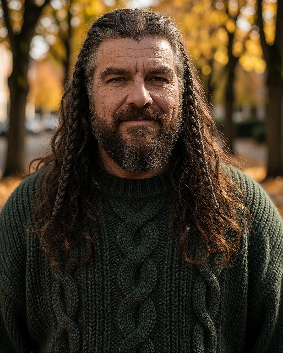 Ivar Storhaug lächelt im grünen Zopfmuster-Pullover im Nahporträt vor herbstlichen Bäumen.