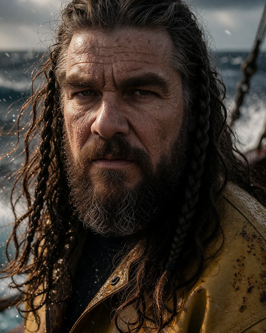Ivar Storhaug blickt im Nahporträt mit nassem Haar und gelber Jacke in die tosende See.