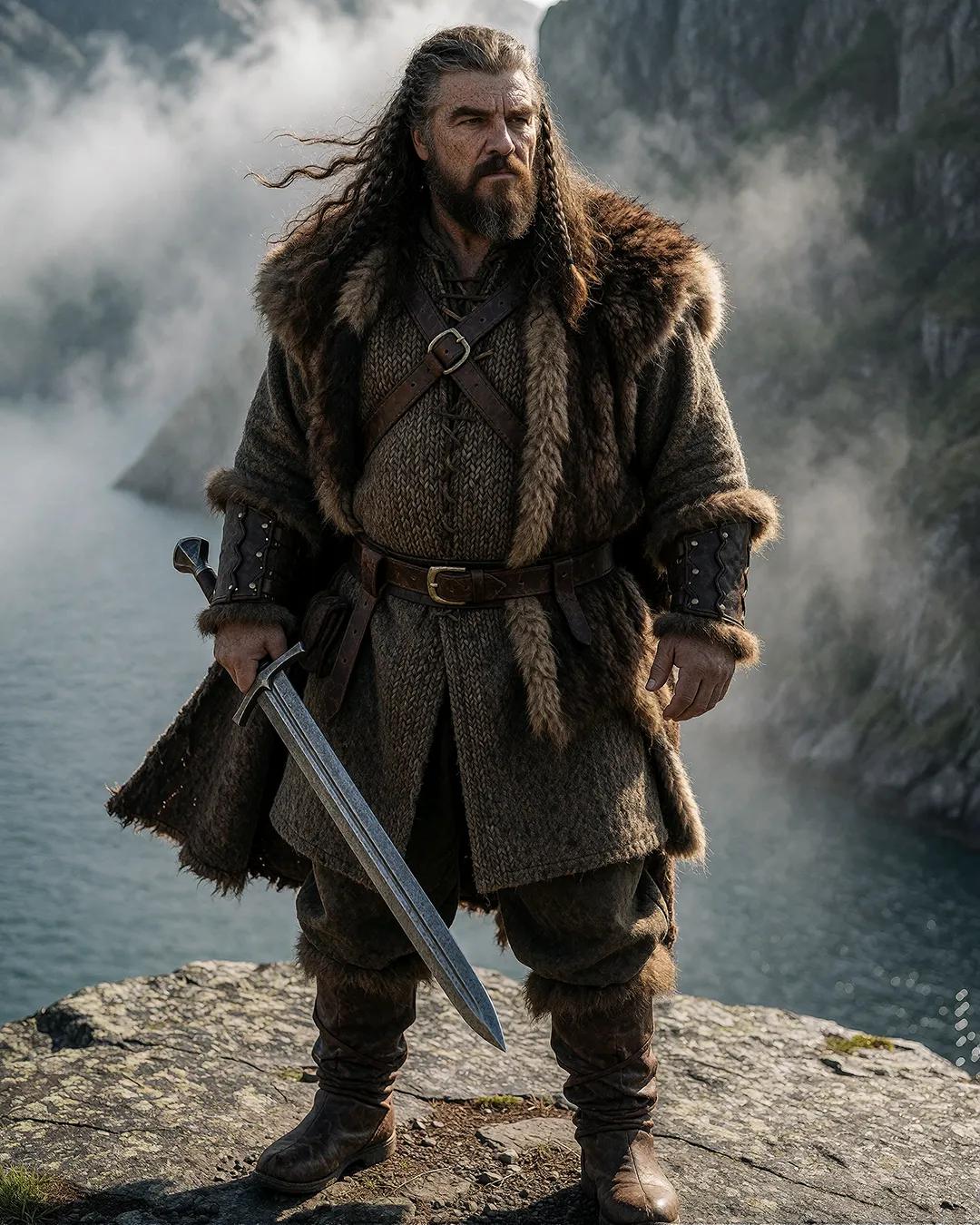 Ivar Storhaug posiert als Krieger mit Schwert und Fellumhang vor einem nebligen Fjord.
