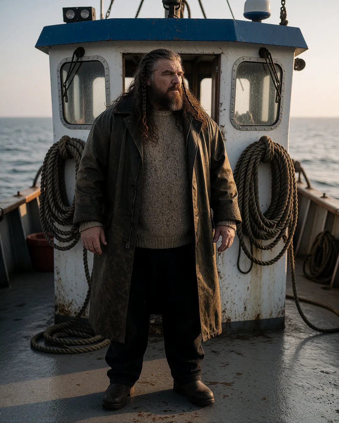 Ivar Storhaug steht im Wachsmantel an Deck eines Fischerbootes im Abendlicht.
