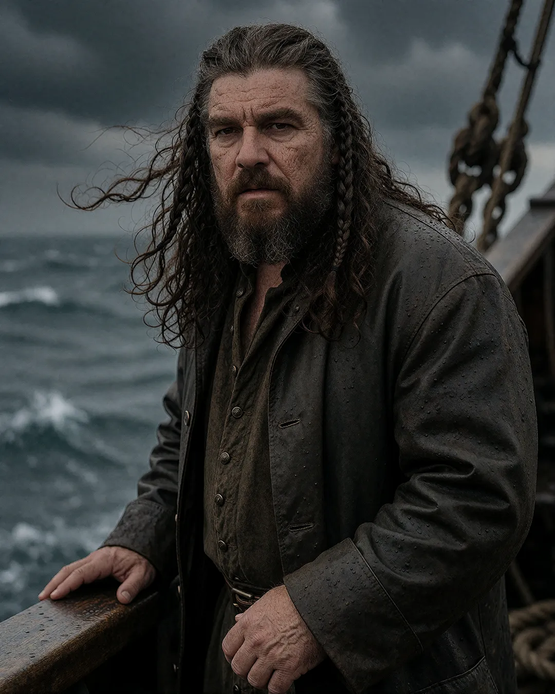 Ivar Storhaug steht in dunkler Lederjacke an Deck eines Schiffes bei stürmischer See.