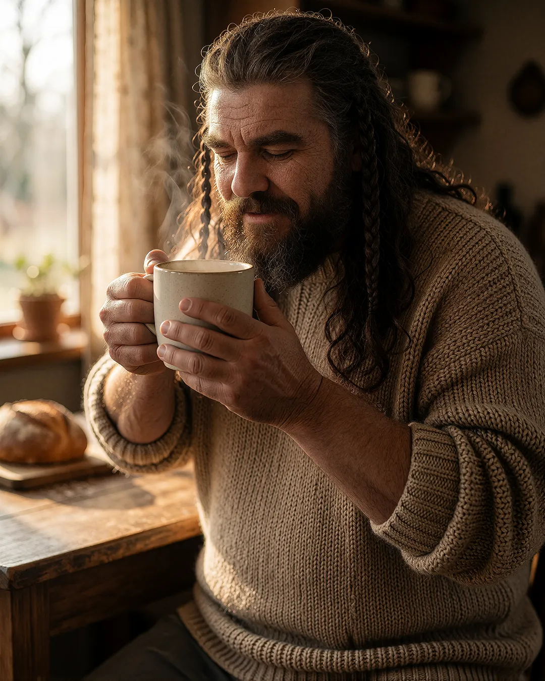 Ivar Storhaug genießt eine dampfende Tasse Kaffee im warmen Licht am Küchenfenster.