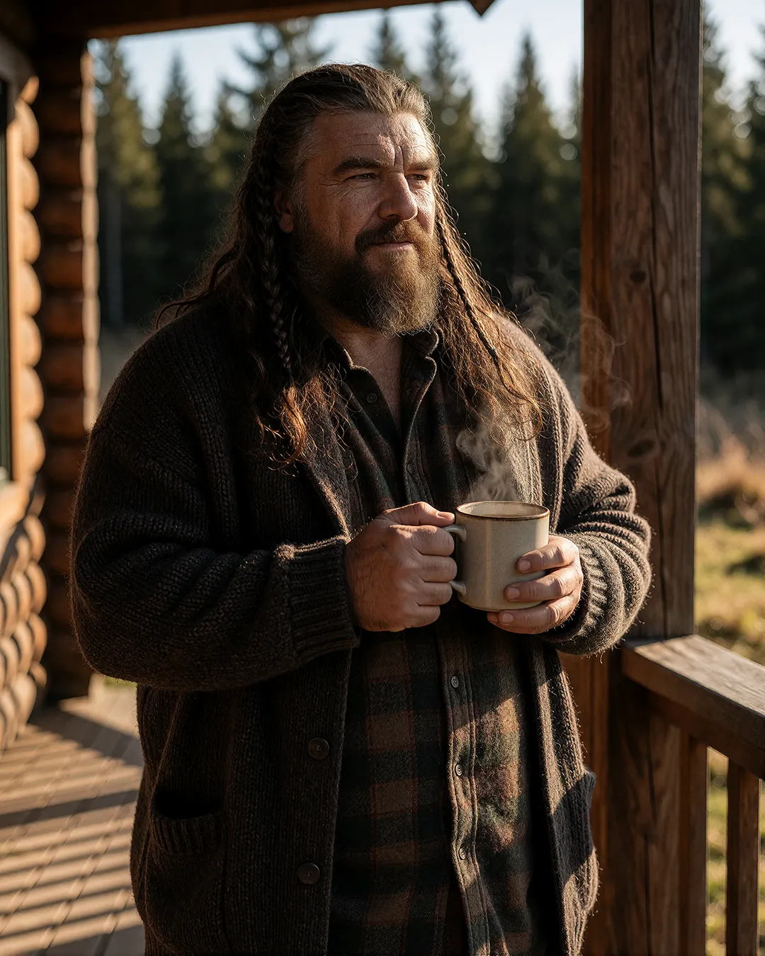 Ivar Storhaug hält eine dampfende Tasse Kaffee auf der Hütten-Veranda im Morgenlicht.