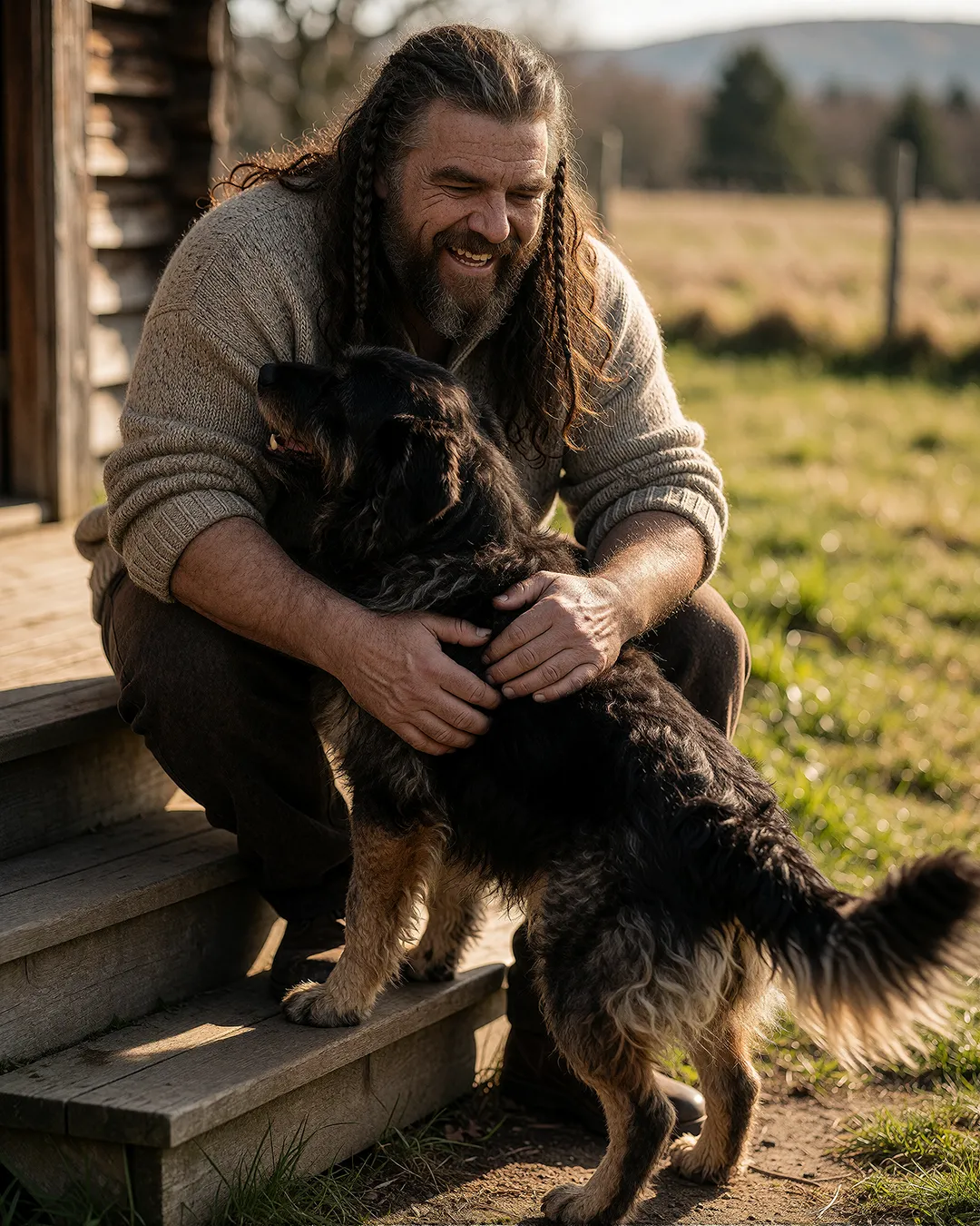 Ivar Storhaug streichelt lachend einen zotteligen Hund auf der sonnigen Veranda.