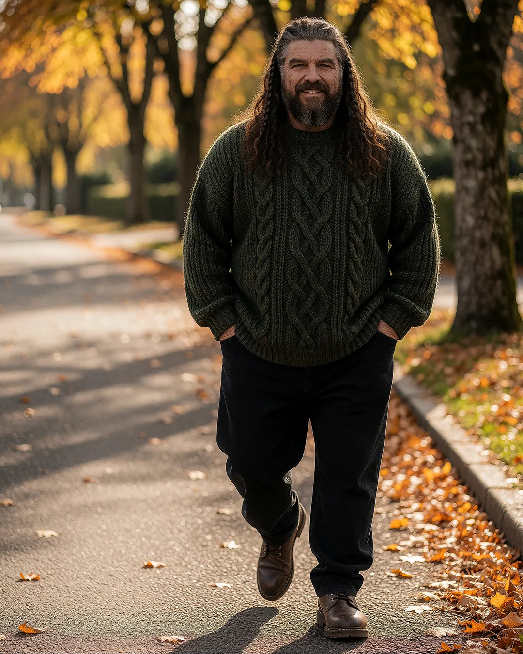 Ivar Storhaug geht lächelnd im grünen Zopfmuster-Pullover durch eine herbstliche Allee.