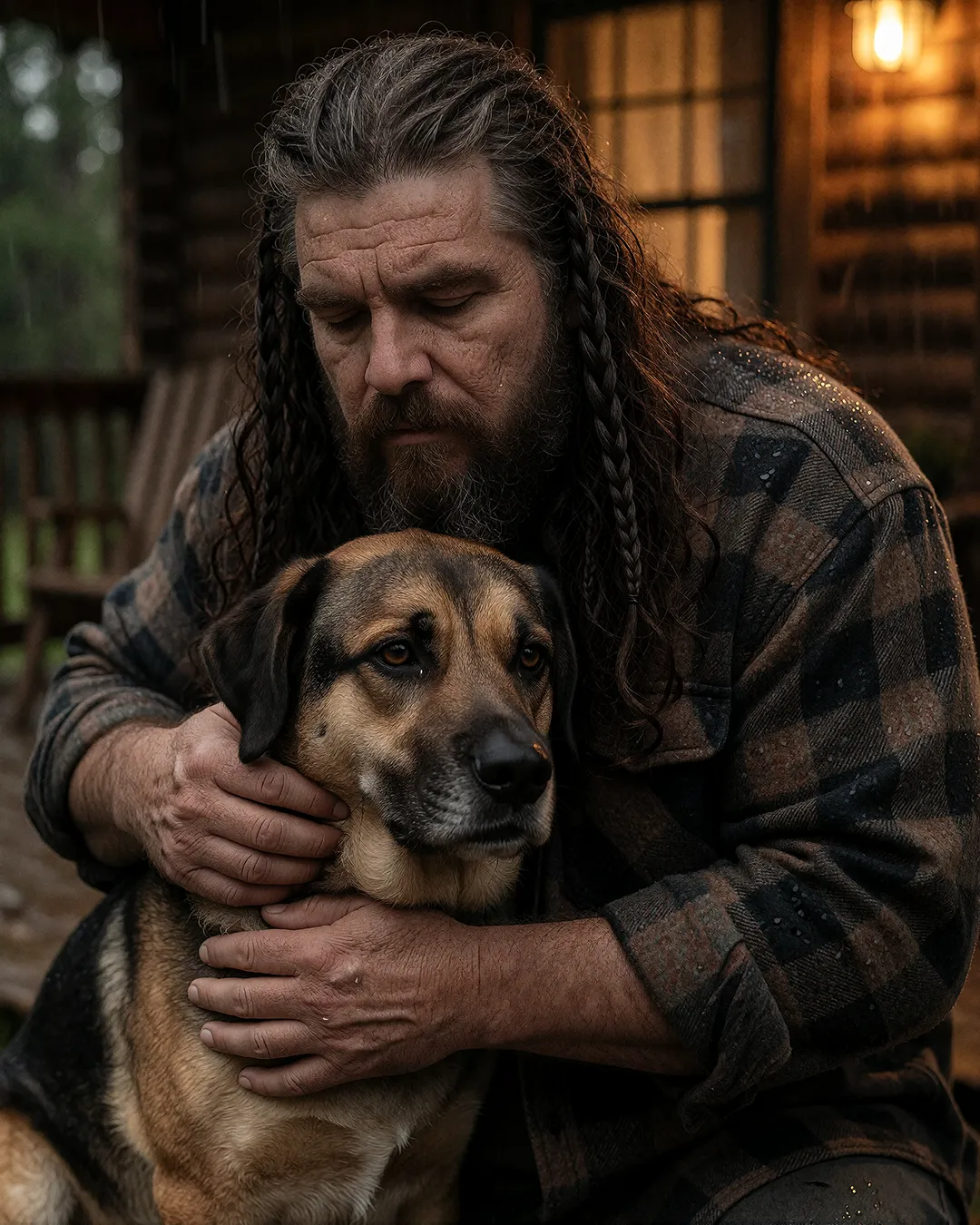 Ivar Storhaug umarmt zärtlich seinen Hund auf der Veranda im abendlichen Regen.