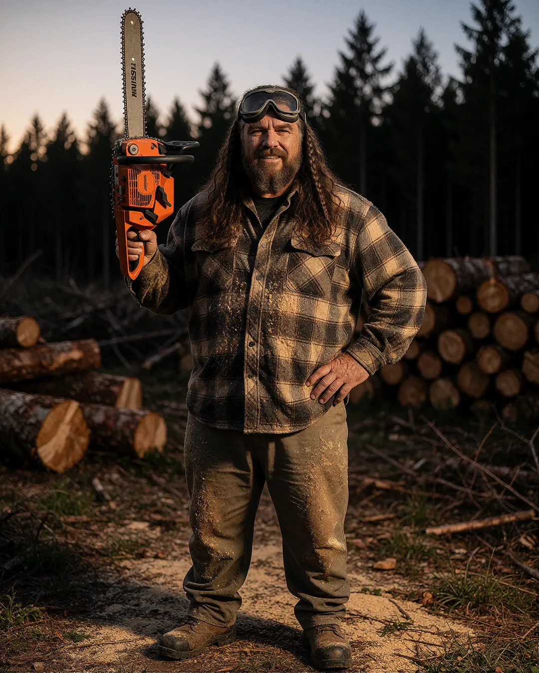 Ivar Storhaug hält lächelnd eine Kettensäge hoch vor gestapelten Baumstämmen im Wald.