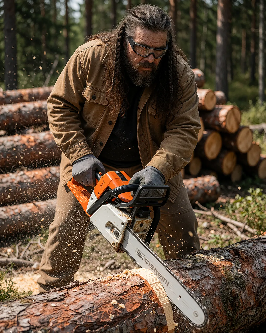Ivar Storhaug sägt konzentriert einen Baumstamm mit orangefarbener Kettensäge im Wald.