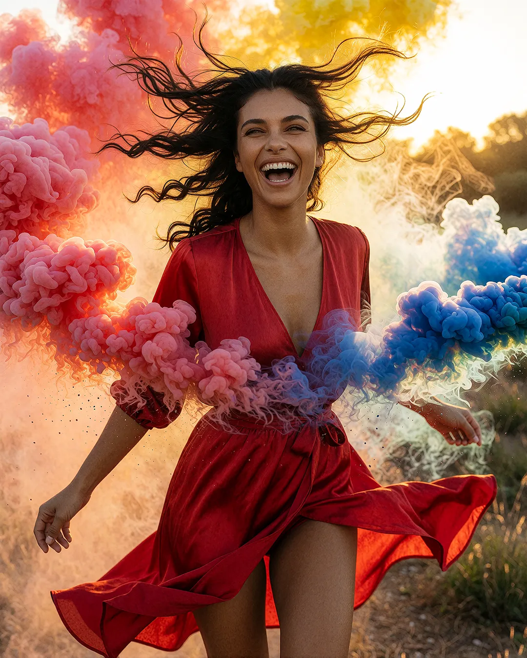 Alessia Rossi, KI Model im roten Kleid umgeben von farbigem Rauch – dramatisches Fashion-Editorial