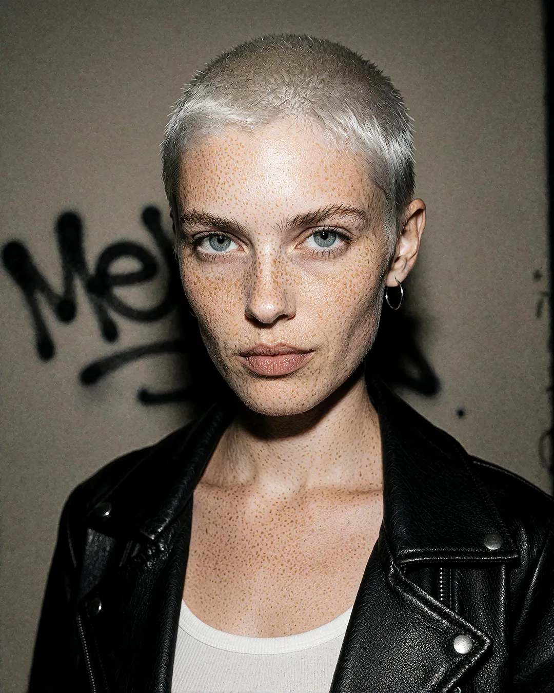 Robin Aschenberg mit Buzzcut und Lederjacke vor Graffiti, kantiges Avantgarde-Porträt.
