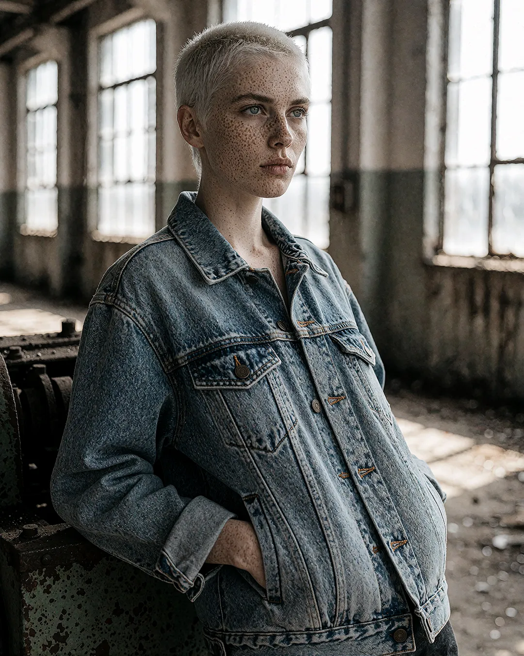 Robin Aschenberg steht in übergroßer Jeansjacke in verlassener Industriehalle, Editorial-Look.