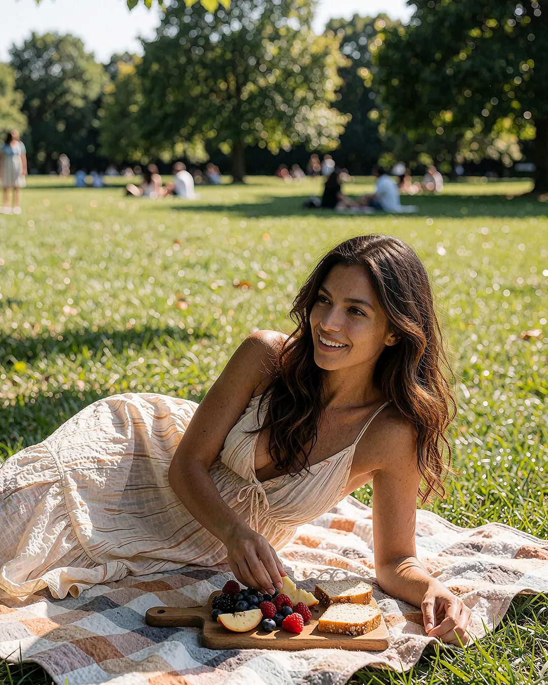Mila Sorentino lacht beim Picknick im Park vor einem Brett mit Käse und Beeren.