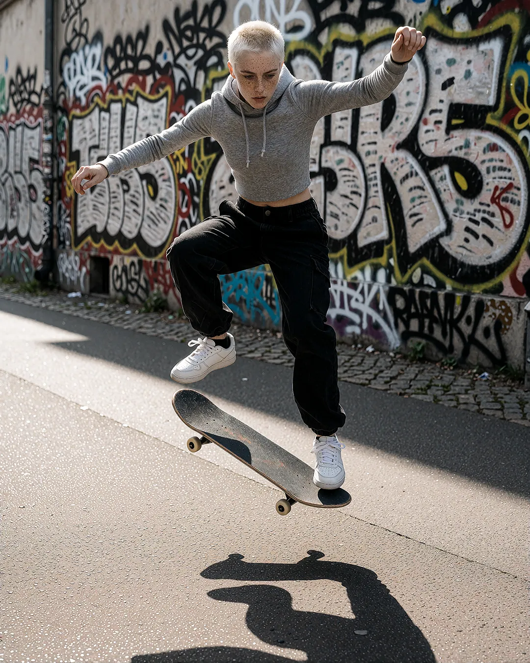 Robin Aschenberg springt mit dem Skateboard vor Graffiti, urbaner Streetwear-Look.