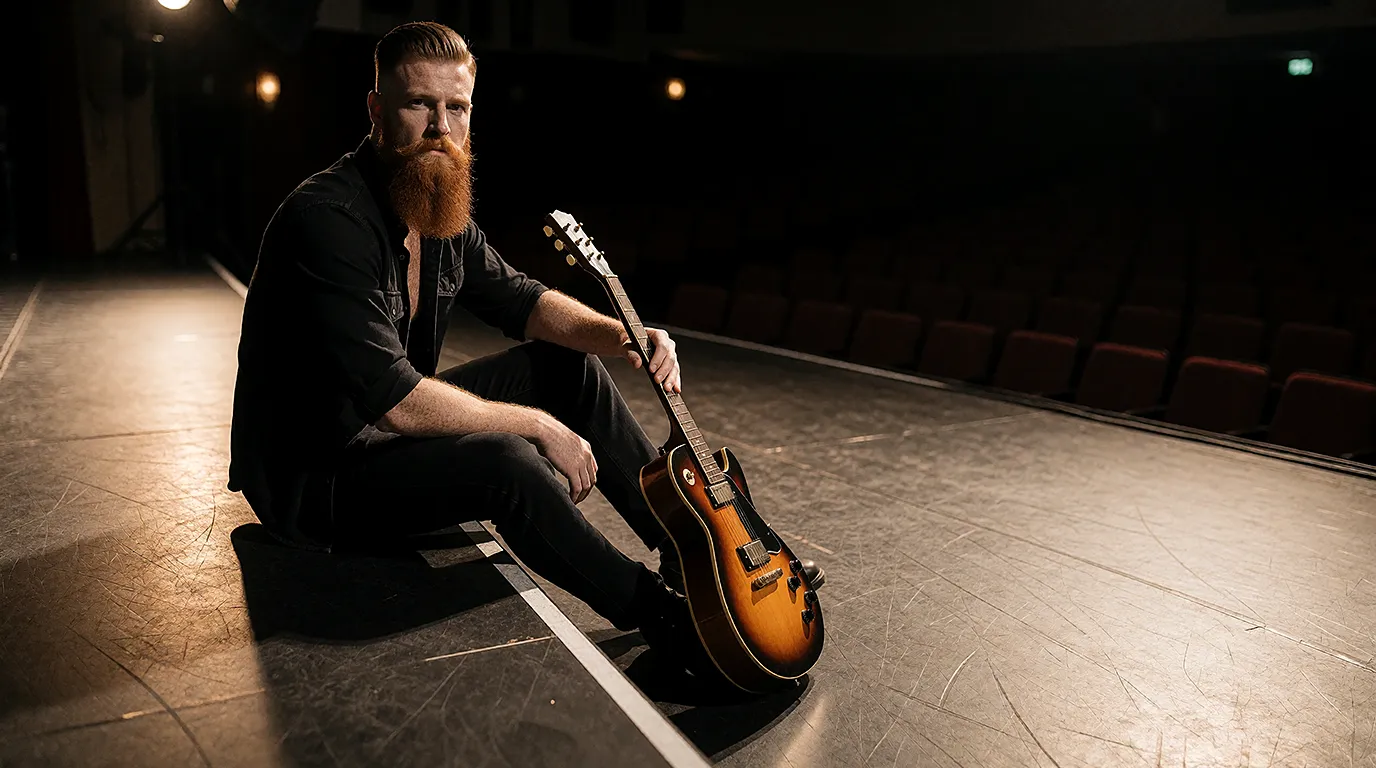 Social Influencer Social Media Star mit Gitarre auf der verlassenen Buehne