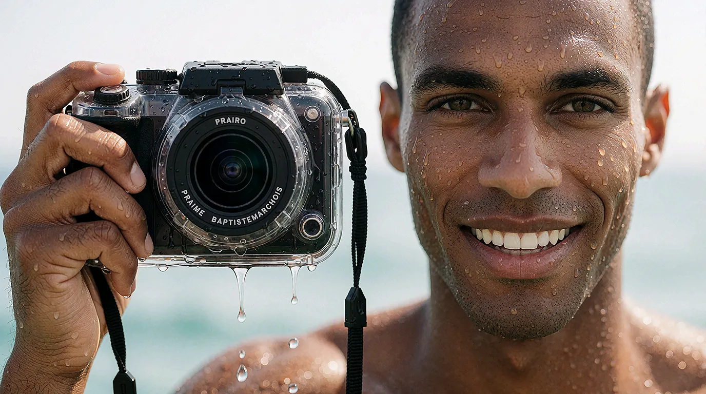 Travel Influencer Social Media Star mit Fotokamera im Wasser