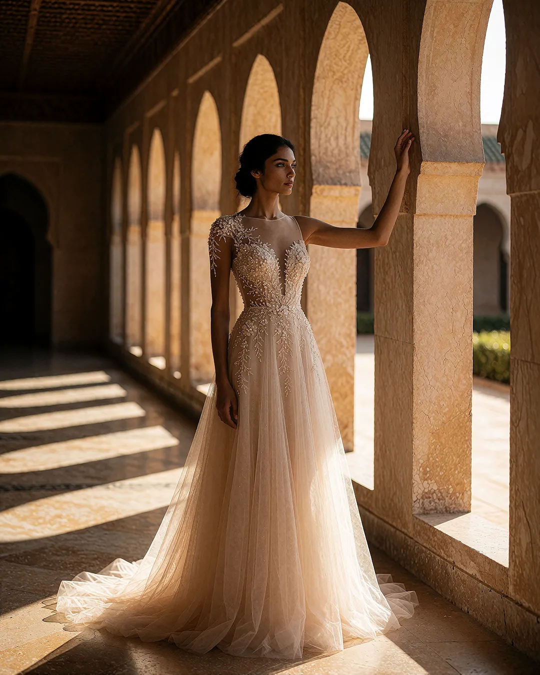 Samira Farrouk trägt ein besticktes Tüllkleid in ivory vor maurischen Bogengängen im Goldlicht.