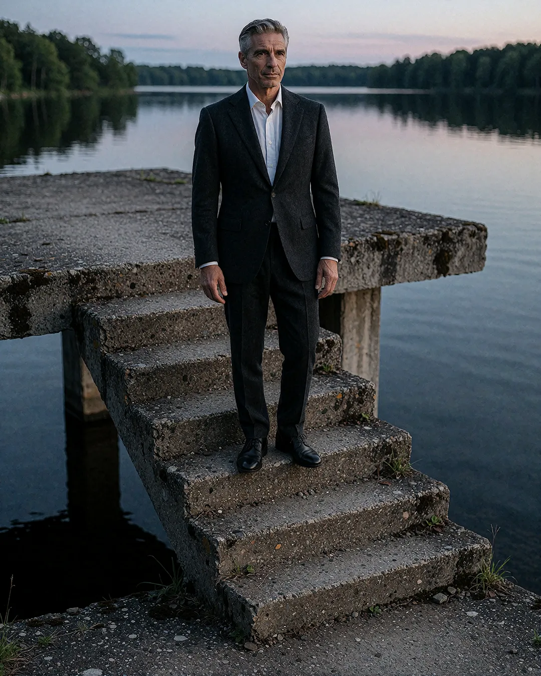 Bradford Fairweather steht im dunklen Anzug auf einer Betontreppe am See in der Dämmerung.