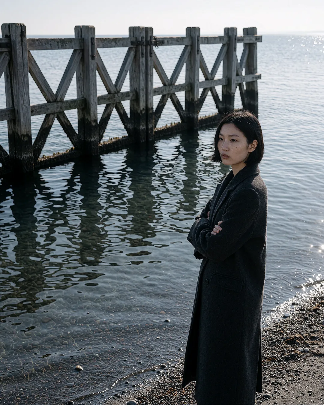 Nanami Onodera steht mit verschränkten Armen im dunklen Mantel auf einem hölzernen Bootssteg am Meer.