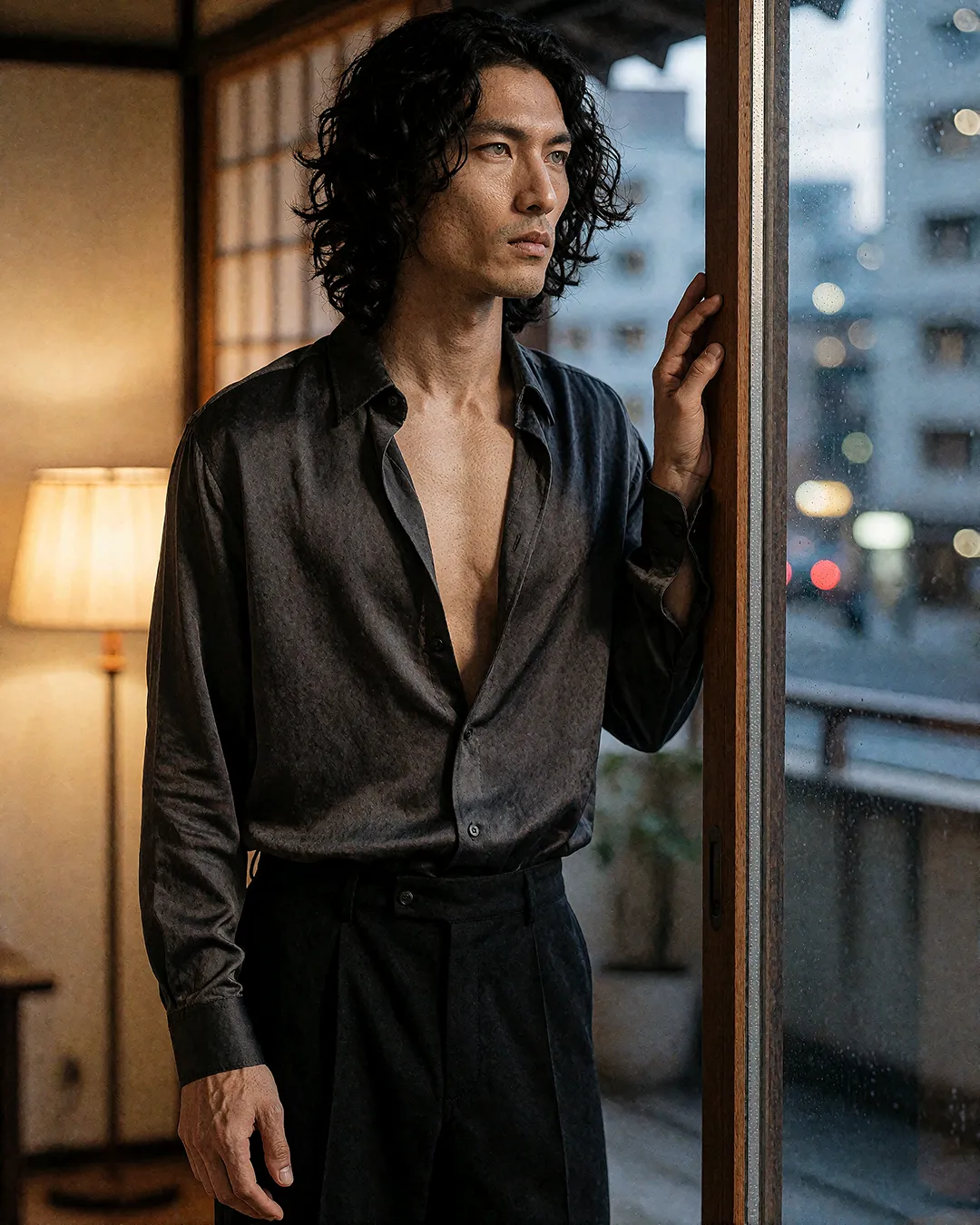 Kenji Osato im dunklen Seidenhemd am regennassen Fenster mit Stadtblick