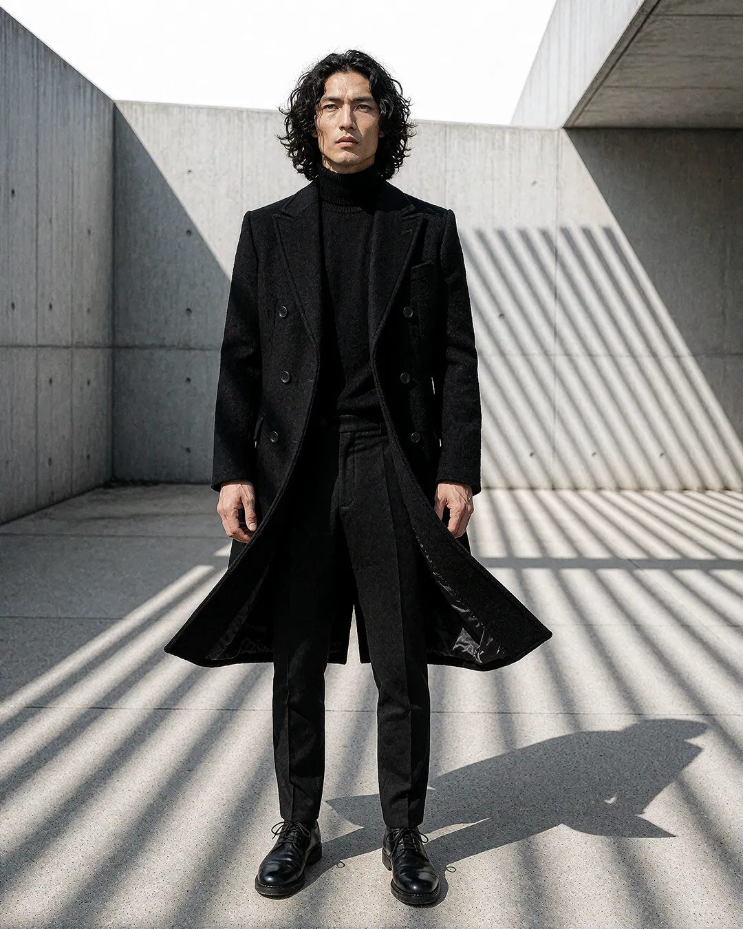 Kenji Osato auf einem Beton Gebäude Schlagschatten