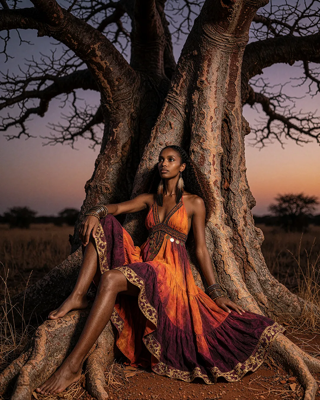 Zuri Osei sitzt im orange-violetten Print-Kleid unter einem Affenbrotbaum in der Abenddämmerung.