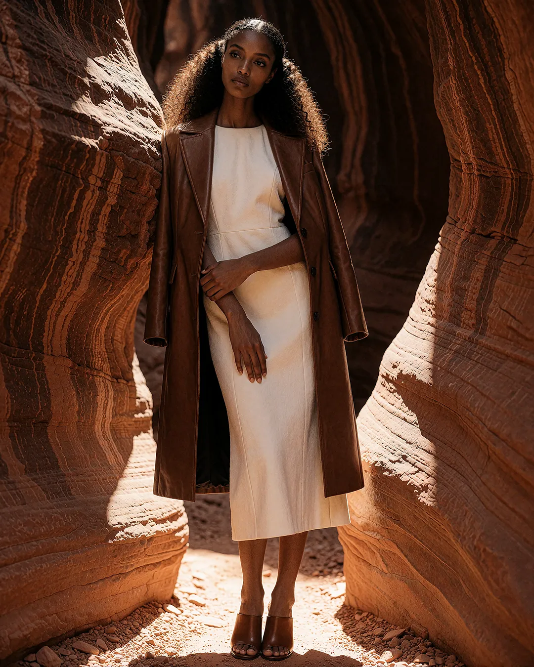 Zuri Osei trägt einen braunen Ledermantel über cremefarbenem Kleid in einer Sandstein-Schlucht.