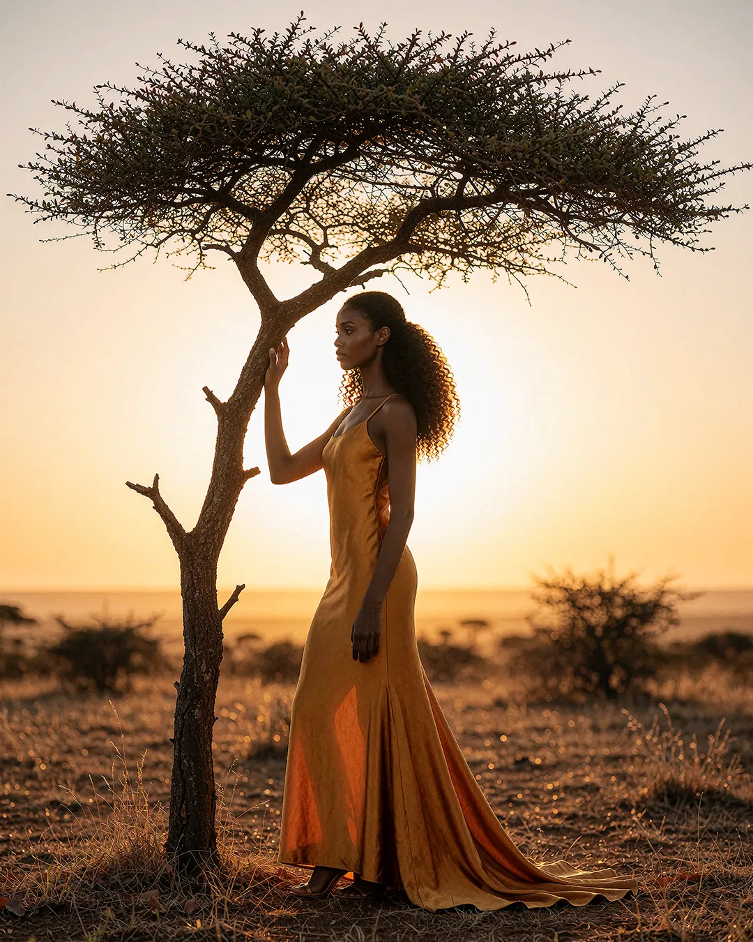 Zuri Osei trägt ein goldenes Seidenkleid unter einer Akazie in der Savanne bei Sonnenuntergang.