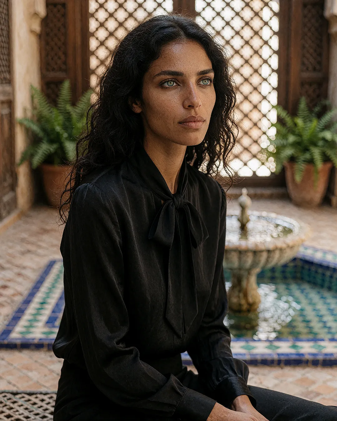 Samira Farrouk sitzt in schwarzer Seidenbluse mit Schleifenkragen an einem Riad-Brunnen.