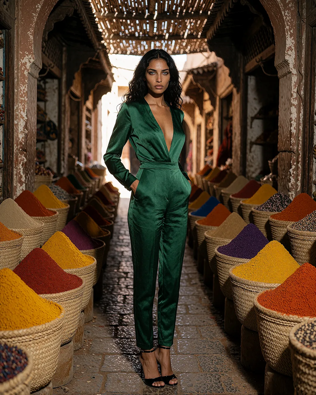 Samira Farrouk steht im smaragdgrünen Satin-Jumpsuit zwischen Gewürzkörben im Souk von Marrakesch.