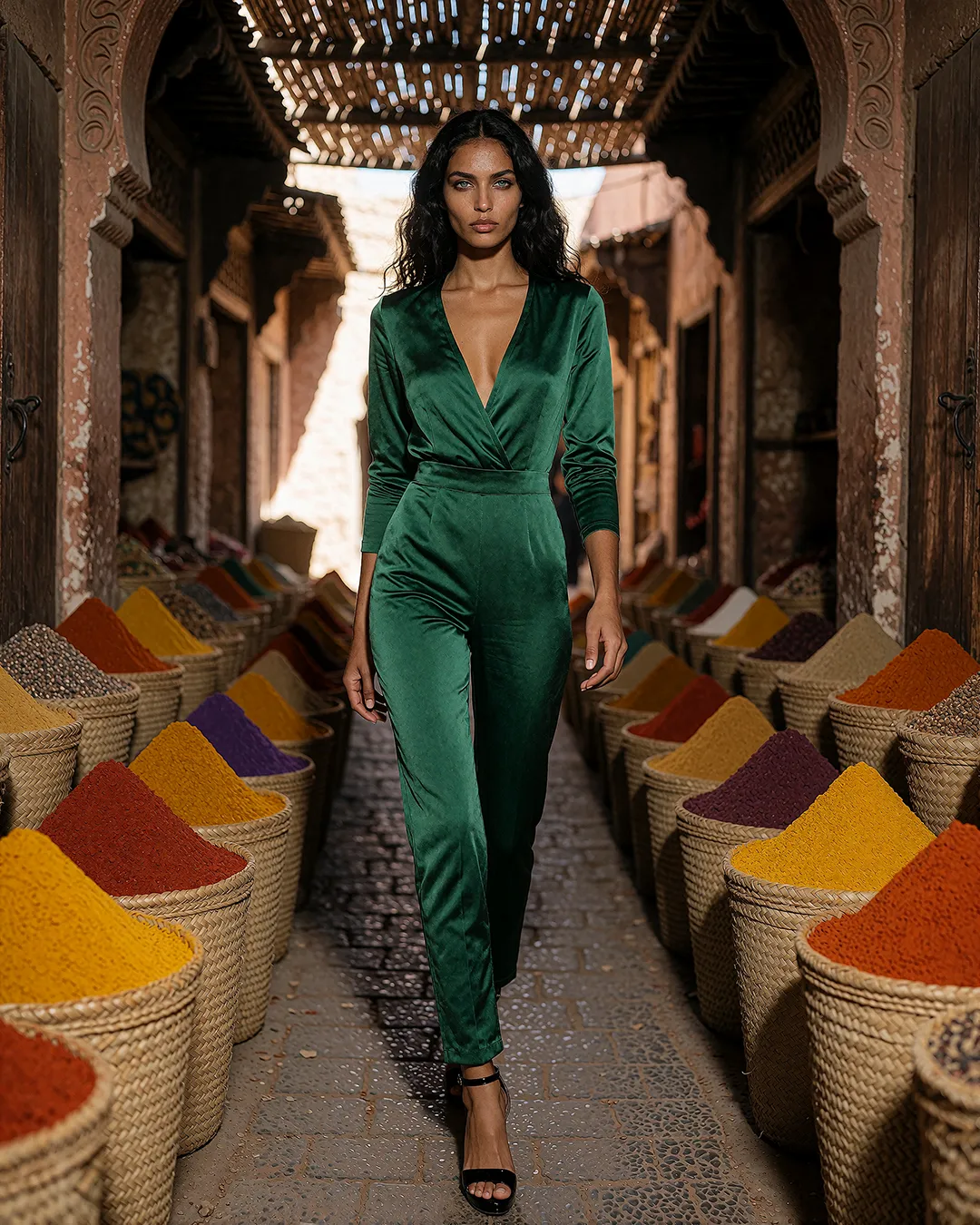 Samira Farrouk geht im smaragdgrünen Samt-Jumpsuit durch den farbenfrohen Gewürzsouk.