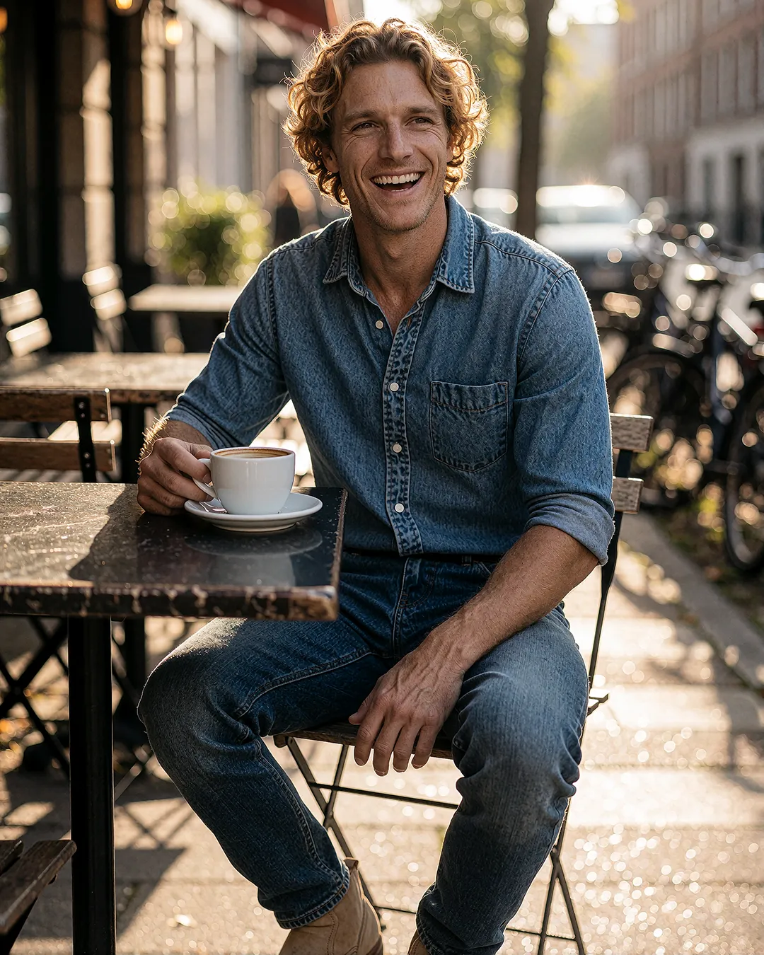 Maddox Ravenscroft lacht im Jeanshemd mit Kaffee an einem Pariser Straßencafé-Tisch.