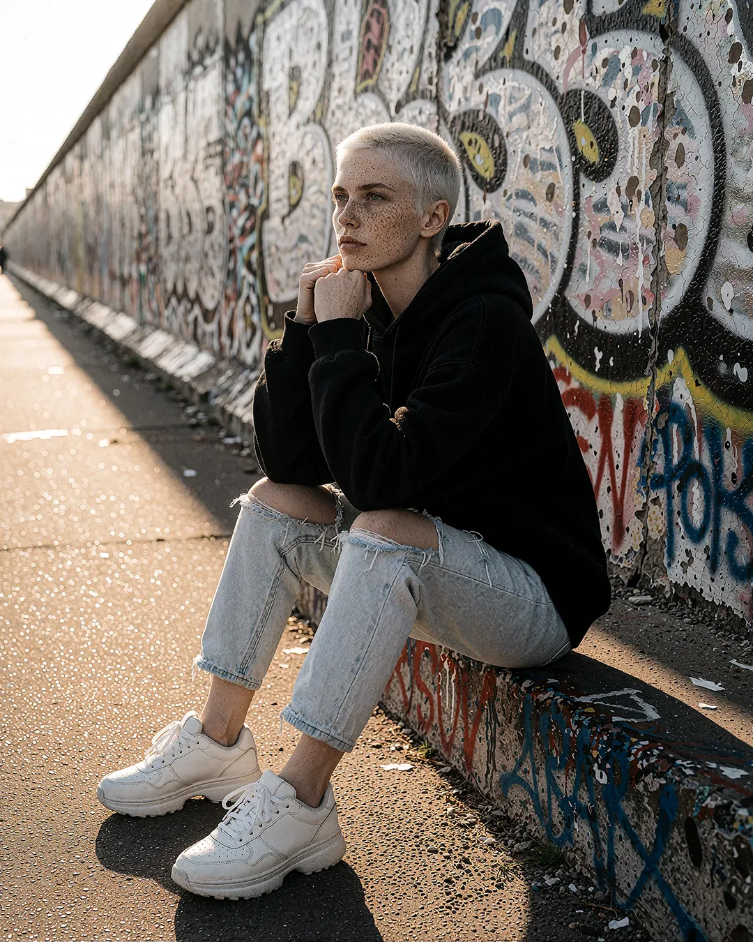 Robin Aschenberg sitzt nachdenklich vor Graffiti an der Berliner Mauer, Streetwear-Look.