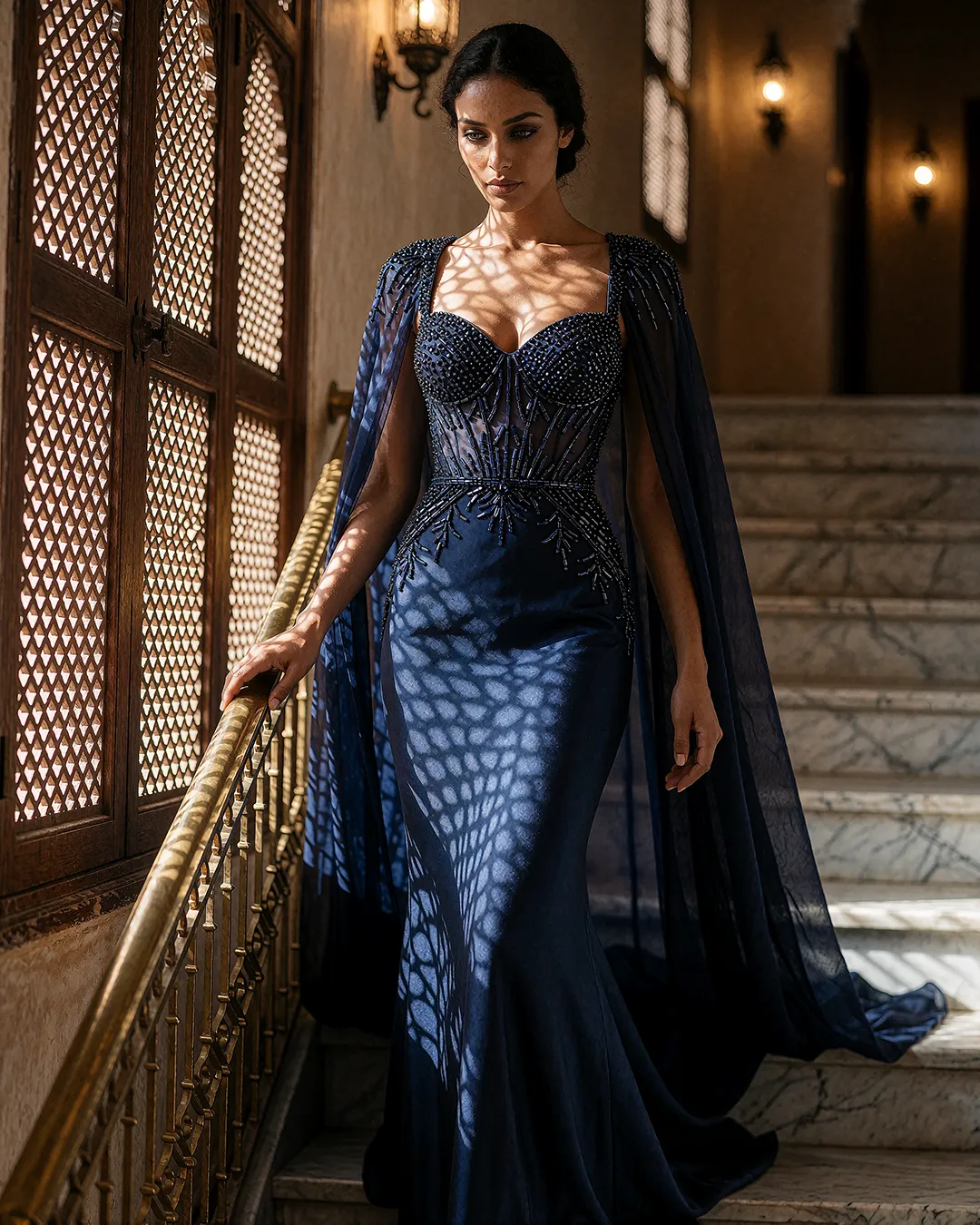 Samira Farrouk trägt ein marineblaues Perlenkleid mit Cape-Ärmeln auf einer Riad-Marmortreppe.