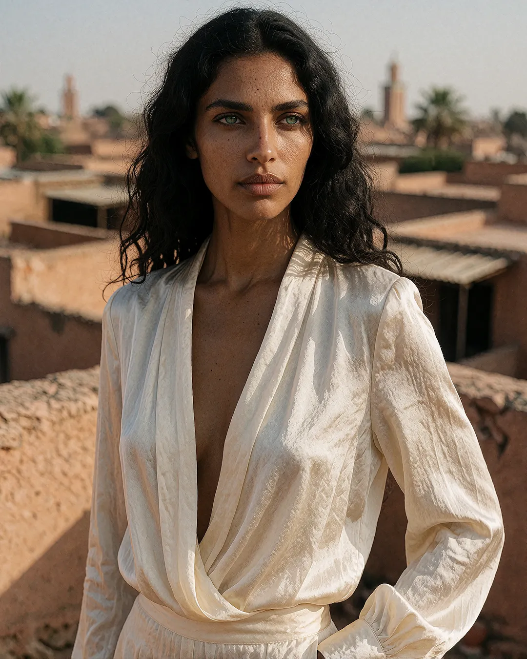 Samira Farrouk trägt ein elfenbeinfarbenes Wickeloberteil auf einer Dachterrasse über Marrakesch.