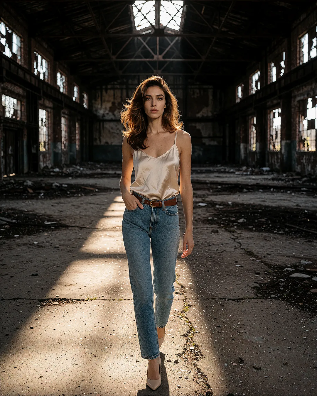 Adriana Beaumont trägt ein Seiden-Top mit Jeans in einer verlassenen Lagerhalle, Editorial-Look.